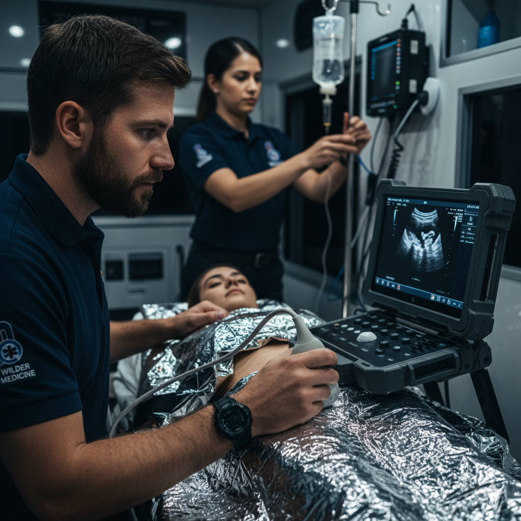 Paramedic performing a pre-hospital eFAST ultrasound exam on a trauma patient inside the back of an ambulance, showing the use of Point-of-Care Ultrasound (POCUS) in the field.