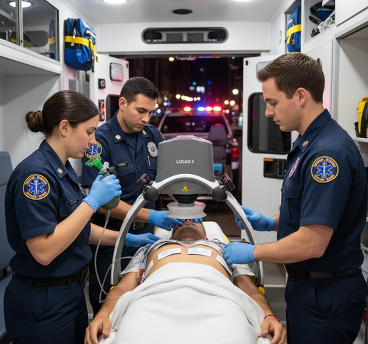 LUCAS 3 device performing chest compressions on patient in ambulance with two EMTs