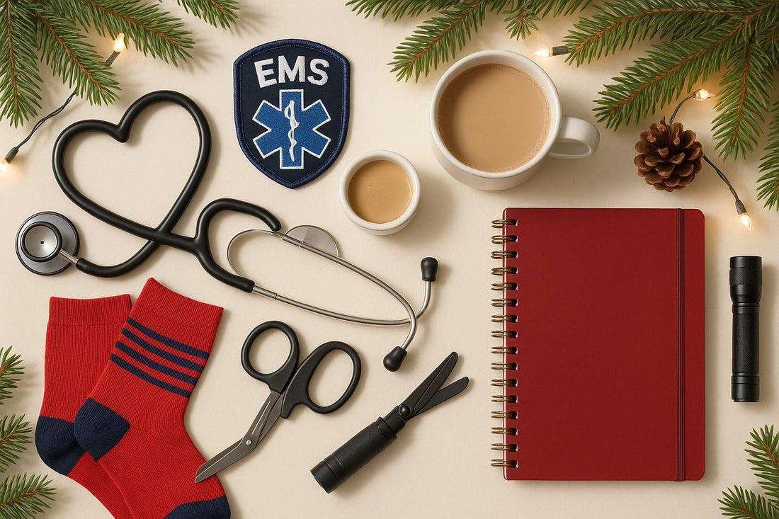 Holiday EMS flat lay with stethoscope, EMS patch, coffee, trauma shears, flashlight, socks, and notebook.